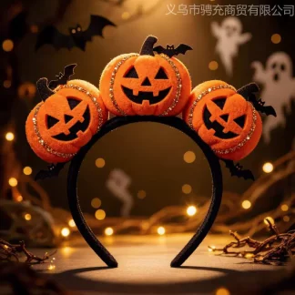 欧美风万圣节南瓜表情发箍搞怪可爱金丝南瓜蝙蝠设计节日装扮头饰