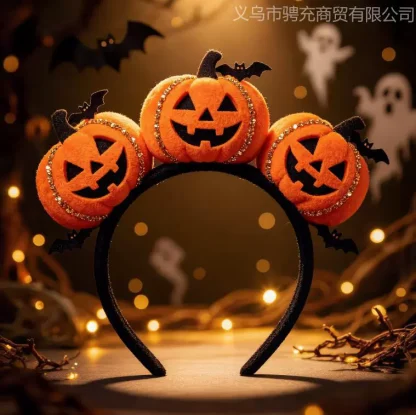 欧美风万圣节南瓜表情发箍搞怪可爱金丝南瓜蝙蝠设计节日装扮头饰